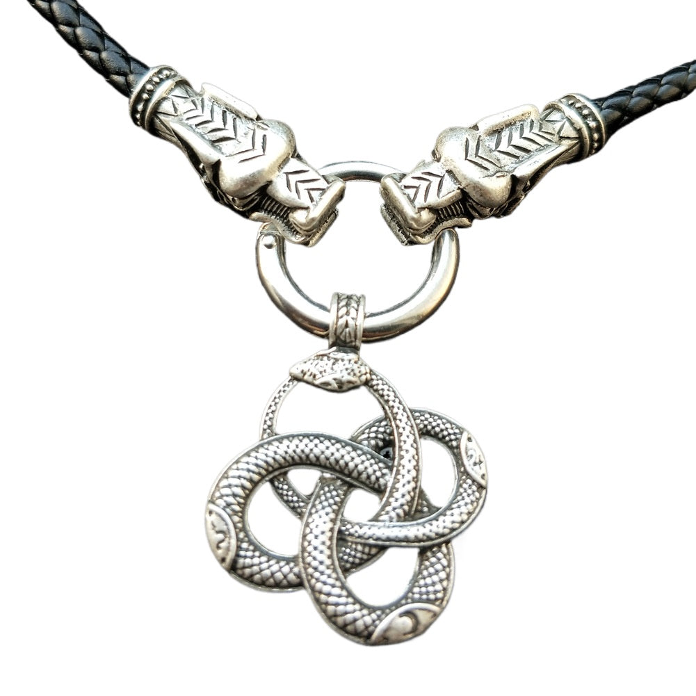 Norse Legacy Metal Viking Rune Pendant Necklace with Wolf and Snake Detail