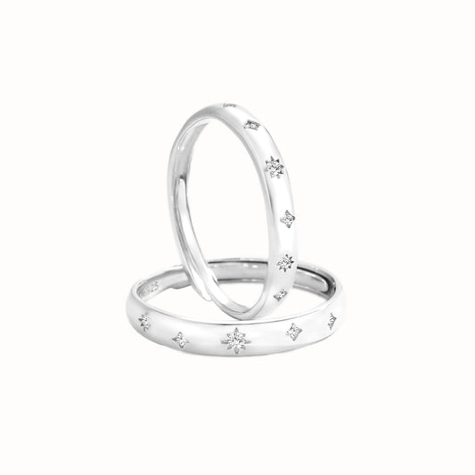 Planderful Jewelry Sterling Silver Eight Pointed Star Zircon Couple Ring Adjustable Unisex Gift
