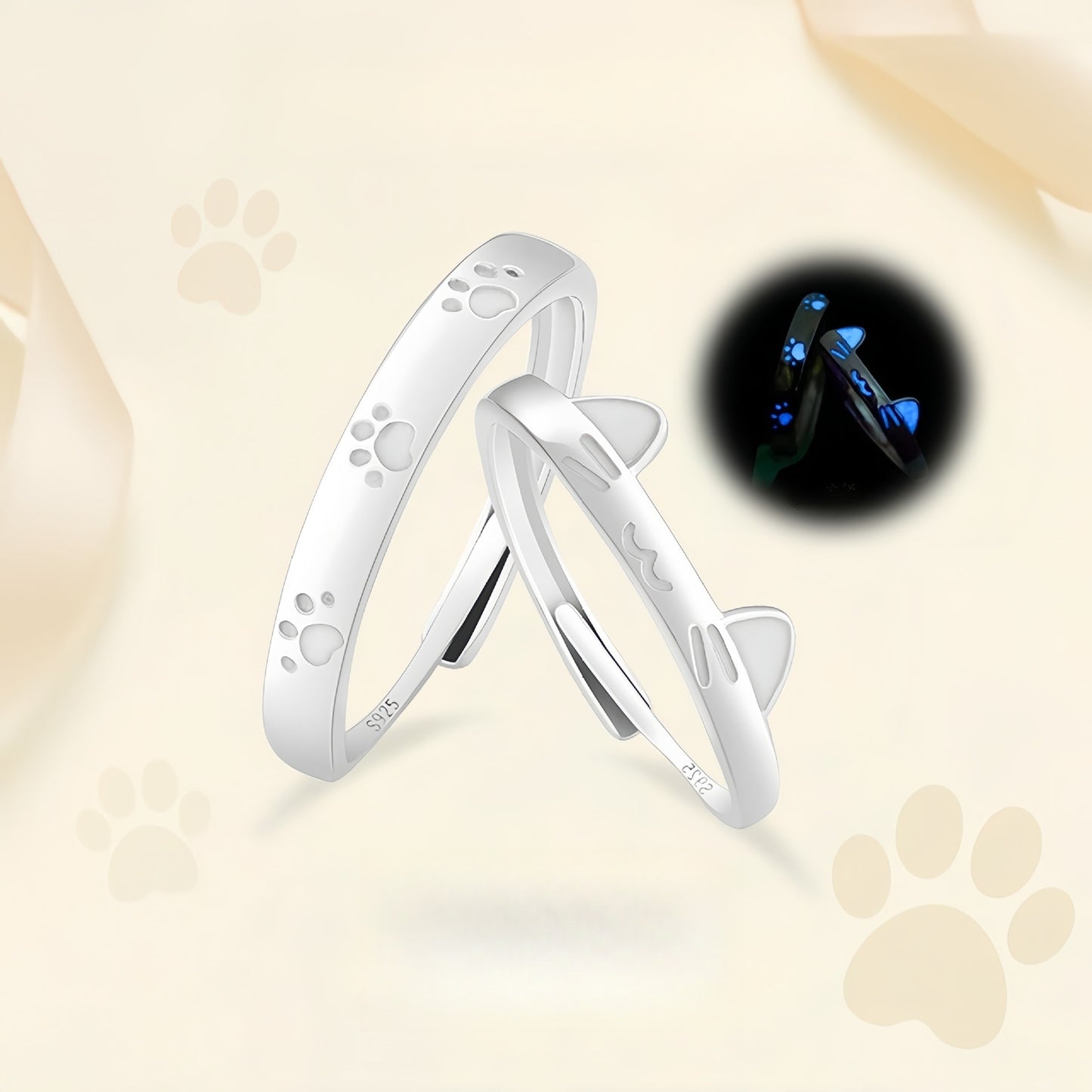 Planderful 925 Sterling Silver Cat Couple Ring Unisex Adjustable Open Luminous Cartoon Design