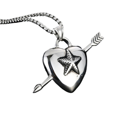 Trendy Titanium Steel Heart Lock Pendant with Retro Pentagram Necklace for Men