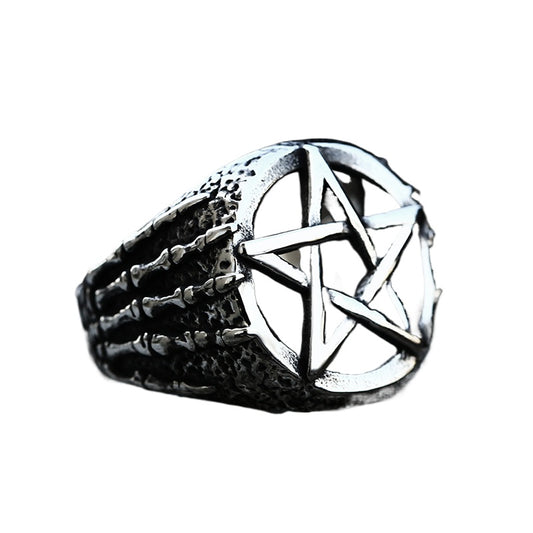 Domineering Titanium Steel Men's Retro Pentagram Ring with Stainless Steel Hand Bone Design