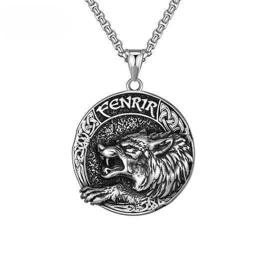Steel Necklace - Statement Nordic Fenrir Wolf Viking Odin Pendant For Men By Planderful