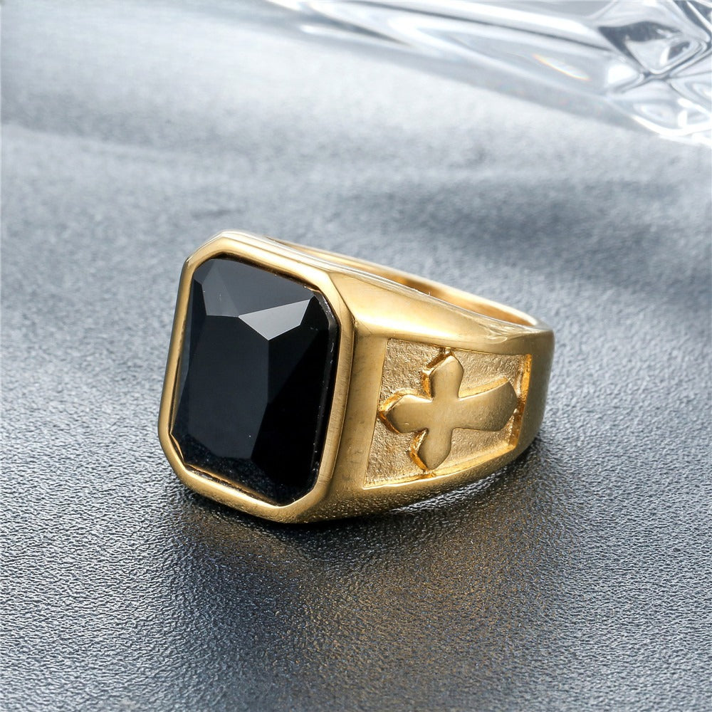 Planderful Punk Cross Titanium Ring Unisex Zircon Shield