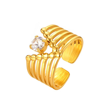 Ladies Gold Stainless Steel V-Shaped White Zirconium Open Ring Rhombus