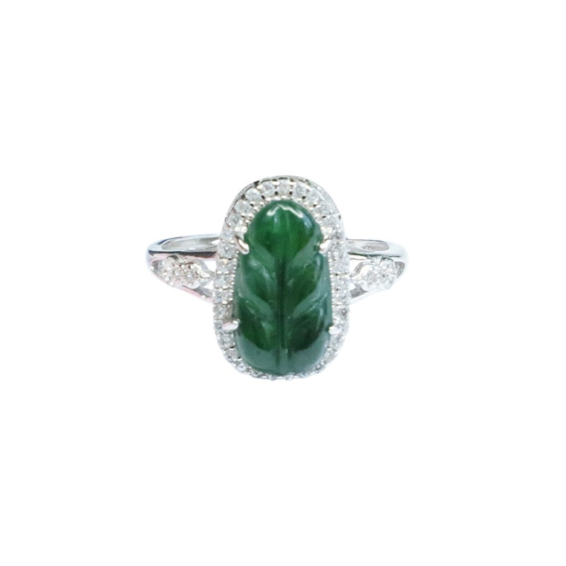 Green Jadeite Leaf Halo 925 Silver Ring