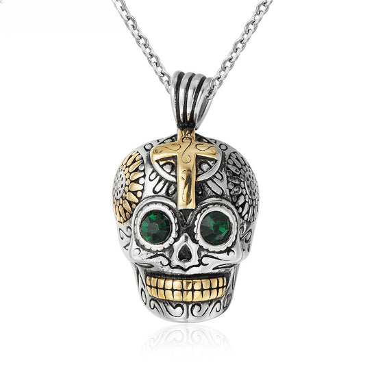 Halloween Ghost Skull Green Zircon Titanium Steel Necklace for Men