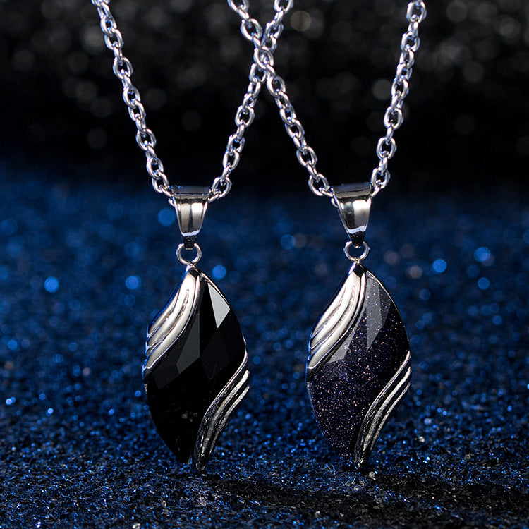 Planderful Blue Sandstone Necklace For Men With Leaf Pendant Titanium Steel Fade Resistant