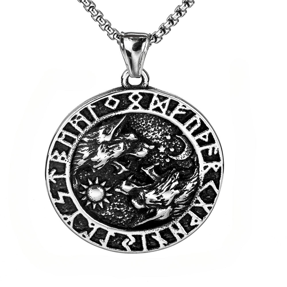 Nordic Vintage Stainless Steel Men's Viking Double Wolf Necklace