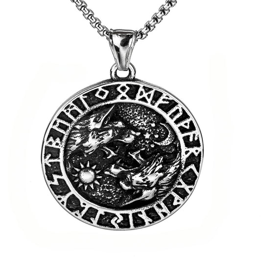 Nordic Vintage Stainless Steel Men's Viking Double Wolf Necklace