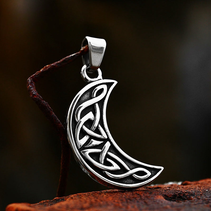 Titanium Steel Minimalist Moon Pendant Necklace for Men, Nordic Retro Viking Celtic Knot Design