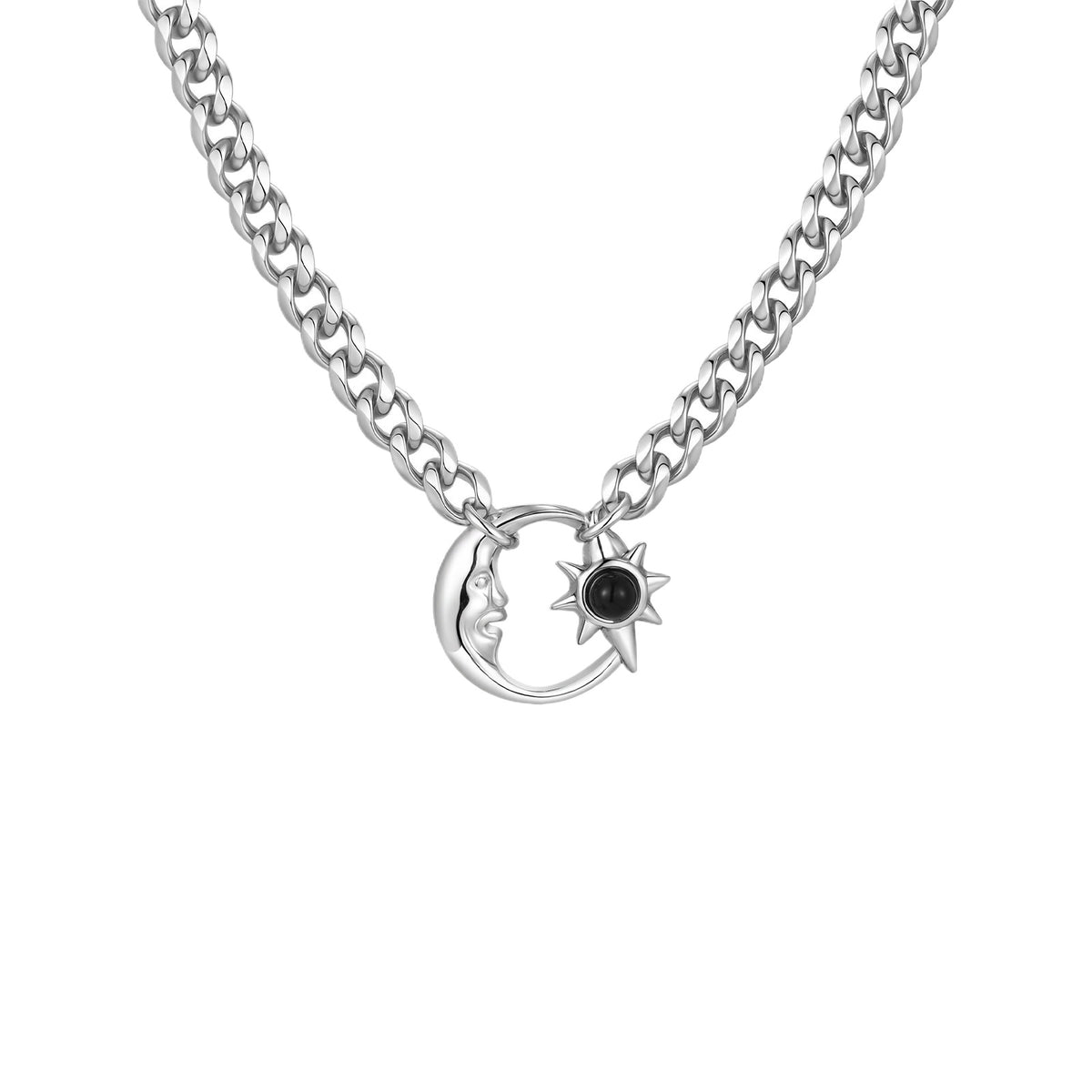 Stainless Steel Six-Sided Grinding Chain Star & Moon Necklace Sun Star Moon Opal