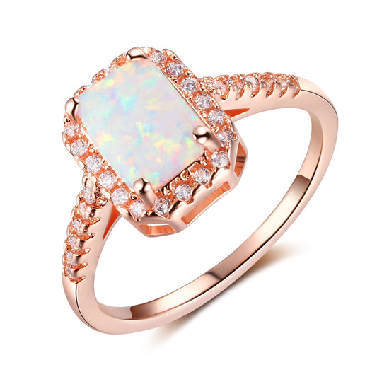 Rectangle Opal Zircon Soleste Halo Rose Gold Sterling Silver Ring