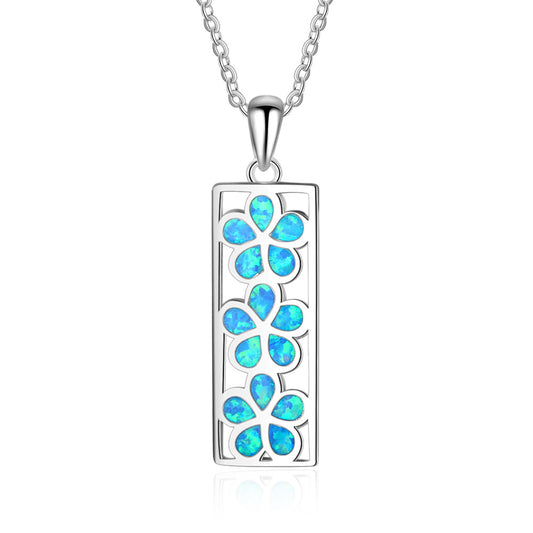 Three Blue Opal Flower Rectangle Pendant Sterling Silver Necklace