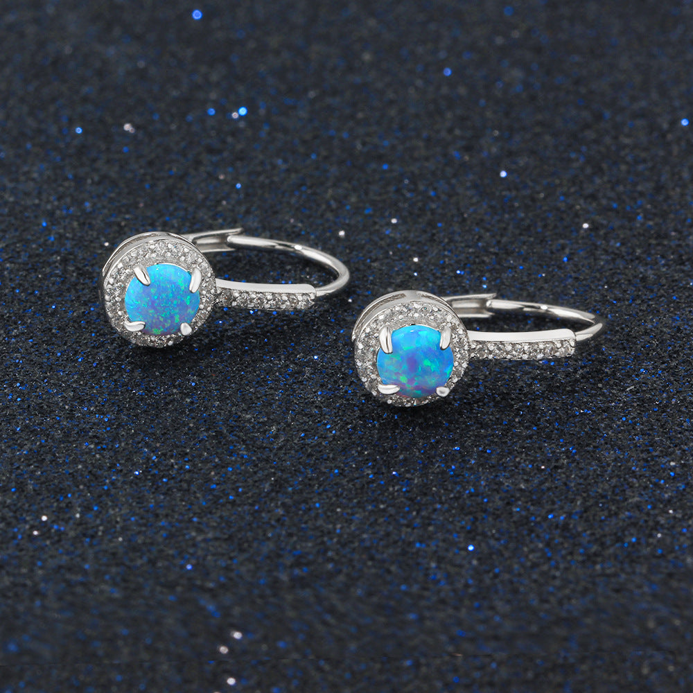 Blue Round Opal Zircon Soleste Halo Sterling Silver Hoop Earrings