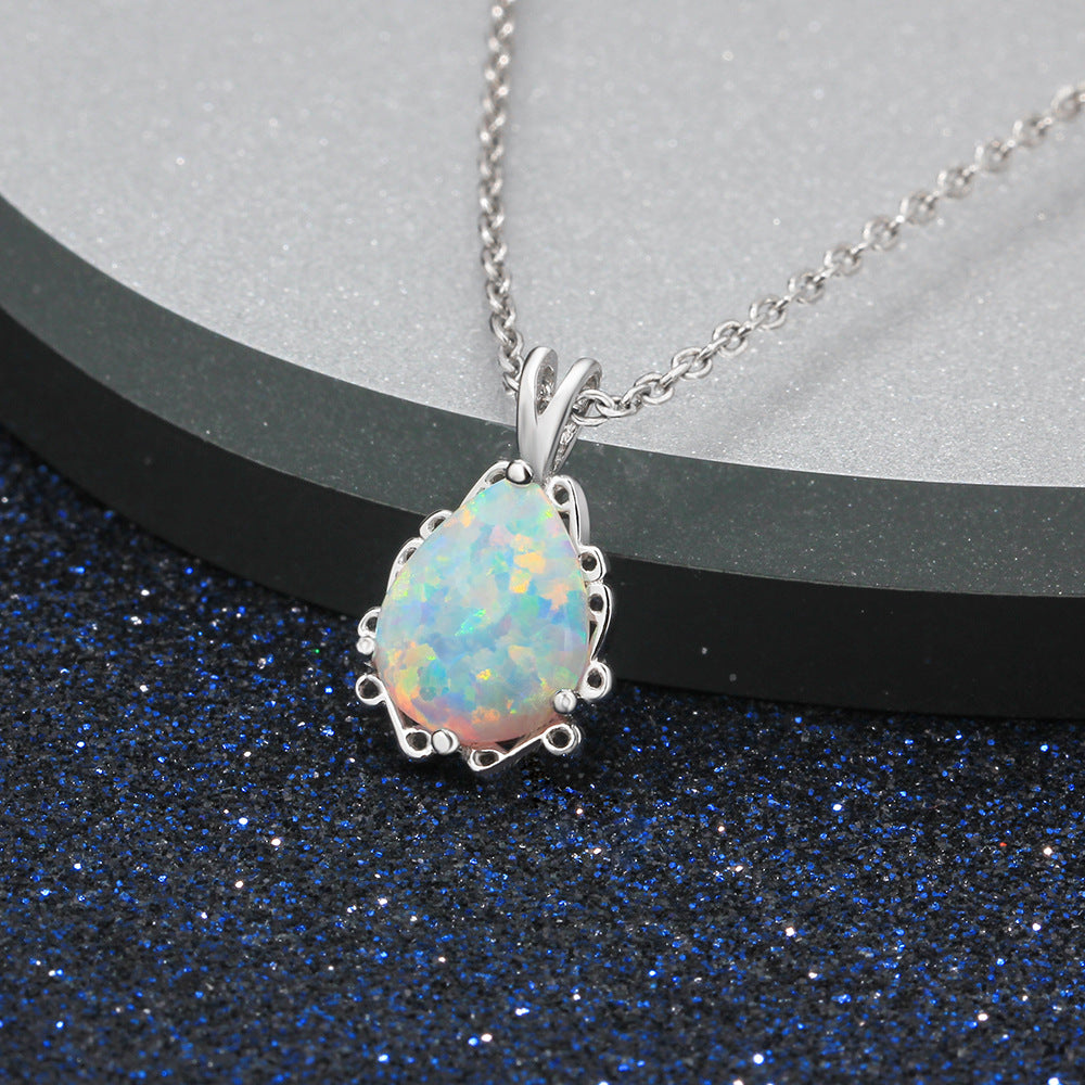 Court Style Pear Shape Opal Sterling Silver Necklace