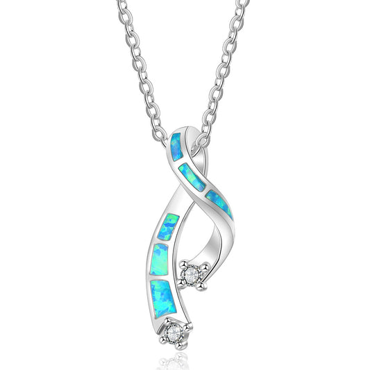 Ribbon Design Blue Opal Zircon Sterling Silver Necklace