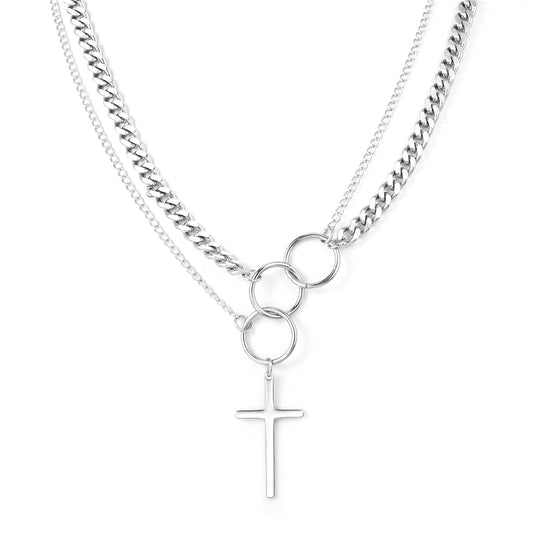 Planderful Titanium Steel Double Cross Necklace For Unisex Long Statement Pendant Durable Stainless Jewelry