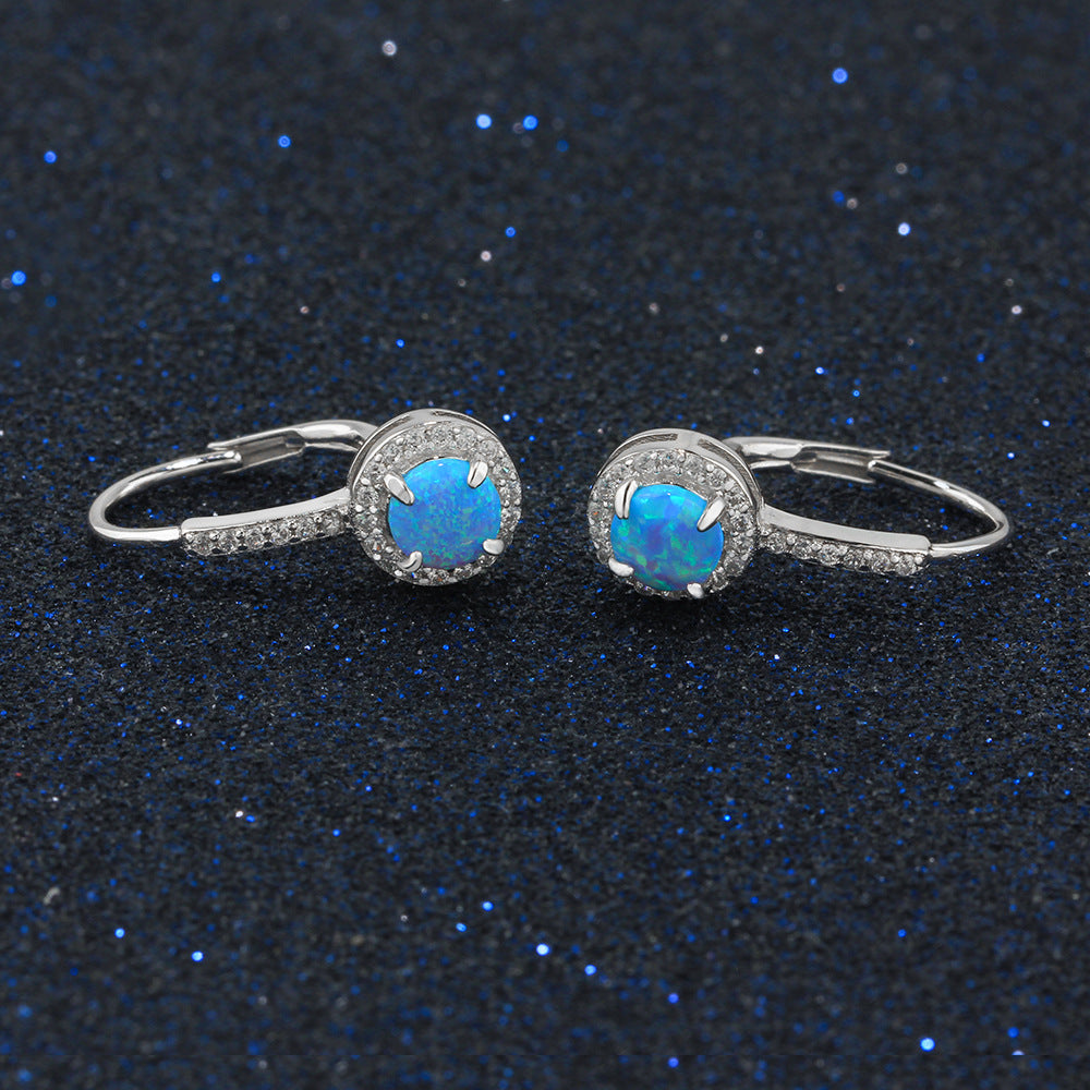 Blue Round Opal Zircon Soleste Halo Sterling Silver Hoop Earrings