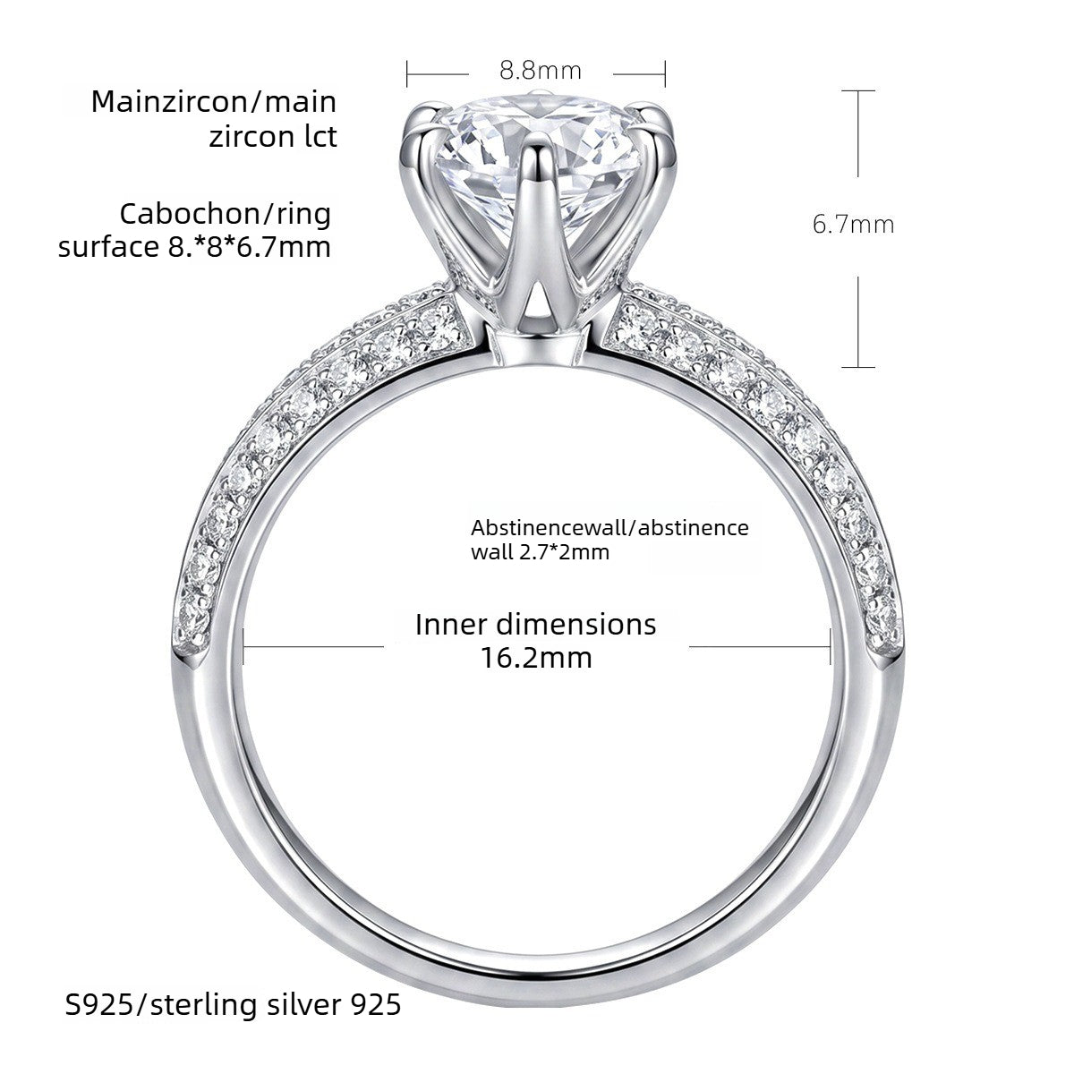 Classic Six-Prong S925 Sterling Silver Ring