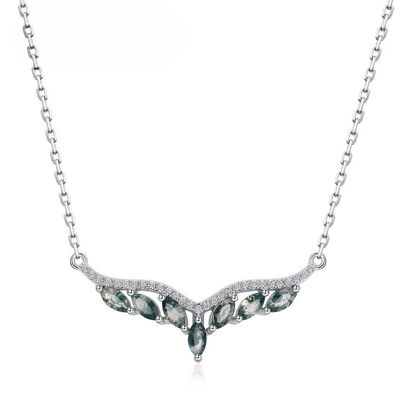 S925 Sterling Silver Moss Agate Angel Wing Necklace