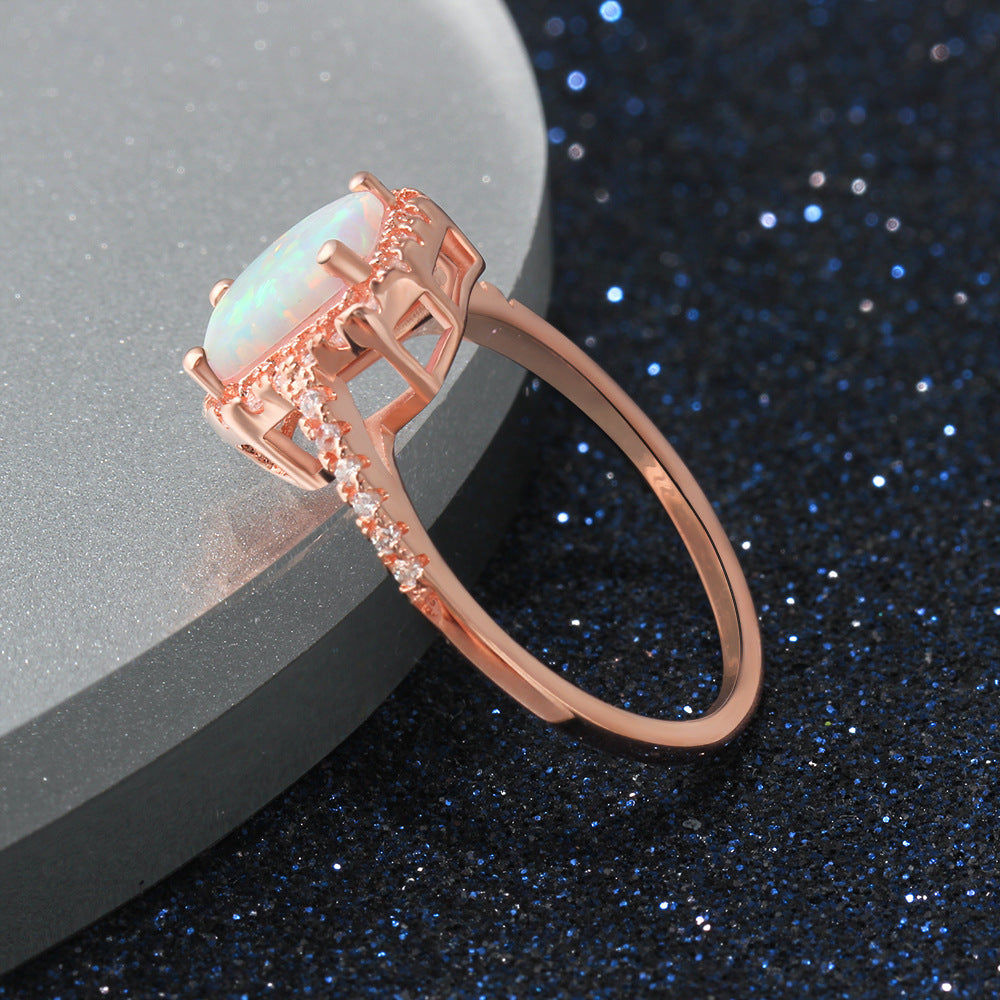 Rectangle Opal Zircon Soleste Halo Rose Gold Sterling Silver Ring