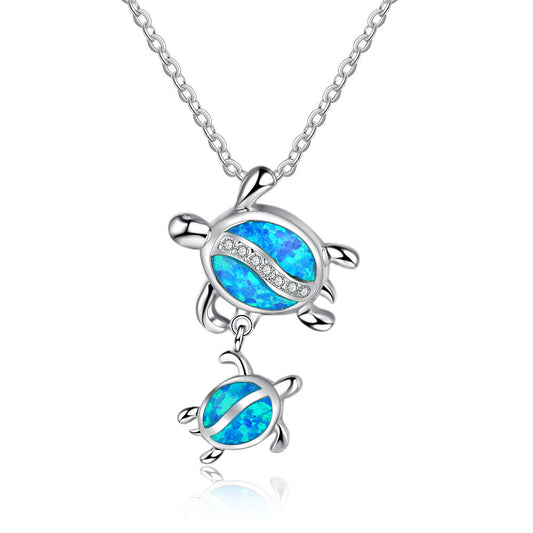 Blue Opal Parent-child Little Turtle Zircon Sterling Silver Necklace