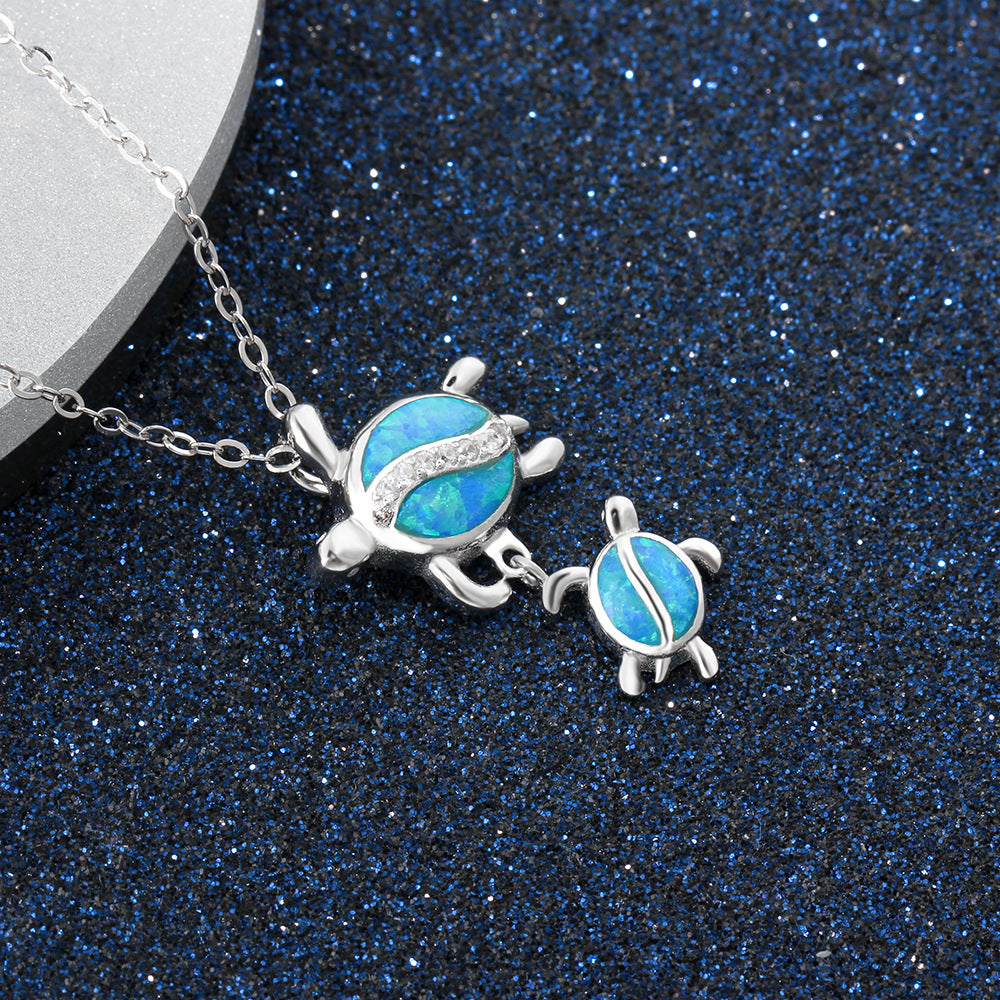 Blue Opal Parent-child Little Turtle Zircon Sterling Silver Necklace