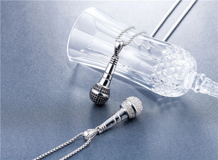 Titanium Steel Microphone Pendant Necklace With Zircon Inlay Planderful Hip Hop Streetwear For Men And Unisex Fans