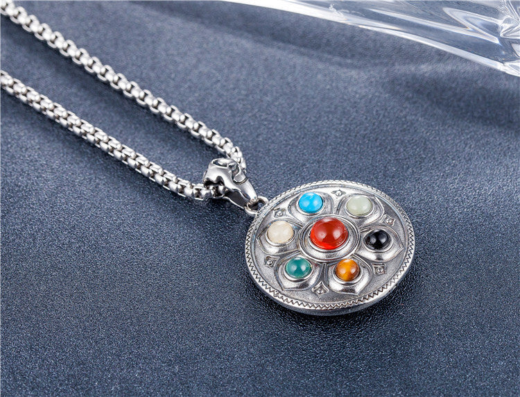 Planderful Diamond Pestle Lotus Titanium Steel Pendant Necklace Unisex Personalized Retro Protection Statement Jewelry