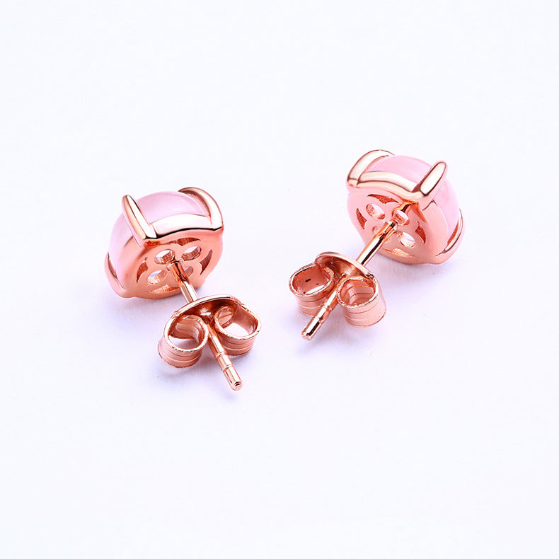 Solitaire Round Shape Pink Crystal Silver Stud Earrings
