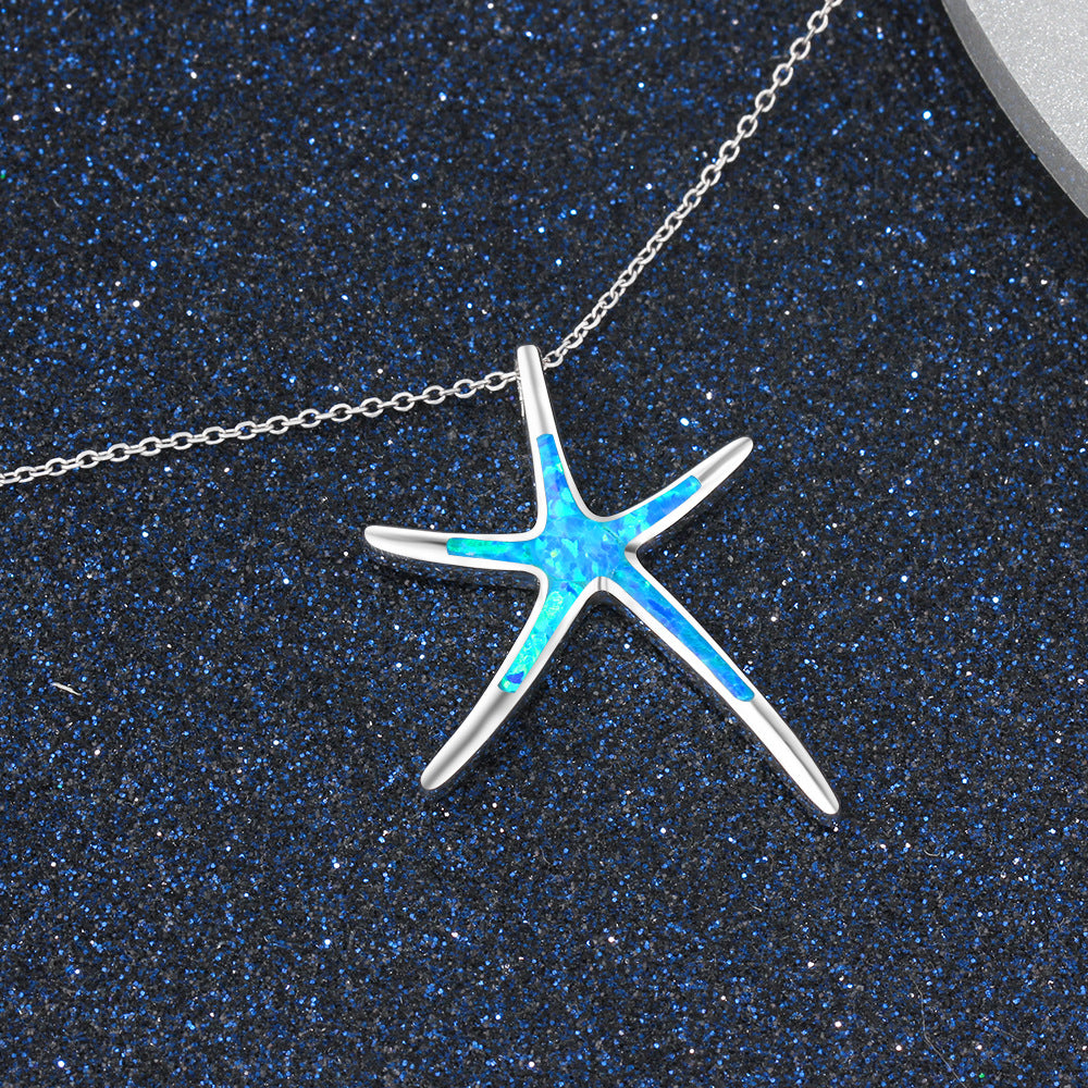 Blue Opal Starfish Pendant Sterling Silver Necklace