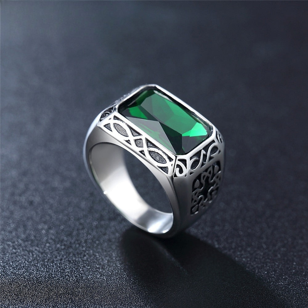 Planderful Titanium Steel Punk Ring With Green Zircon For Unisex Retro European American Style