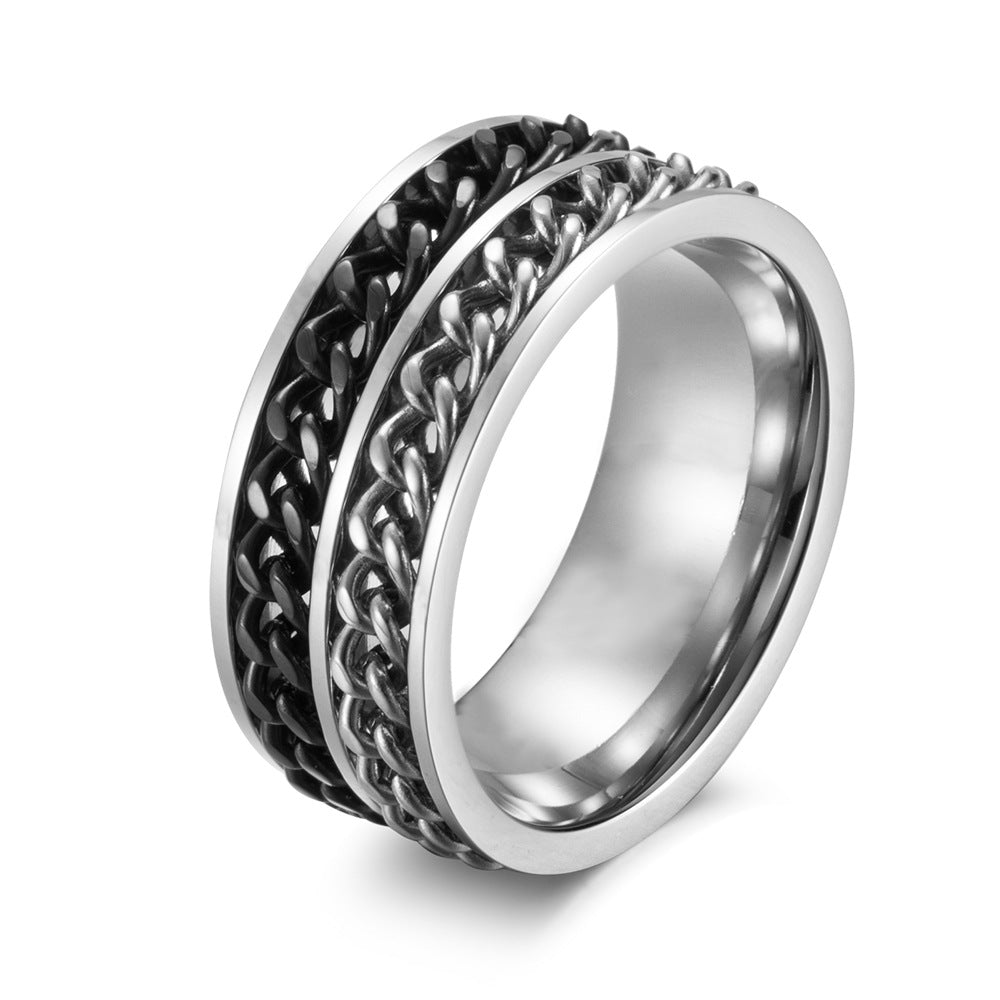 Stainless Steel Double Chain Ring – Rotatable Two-Color Chain Men's