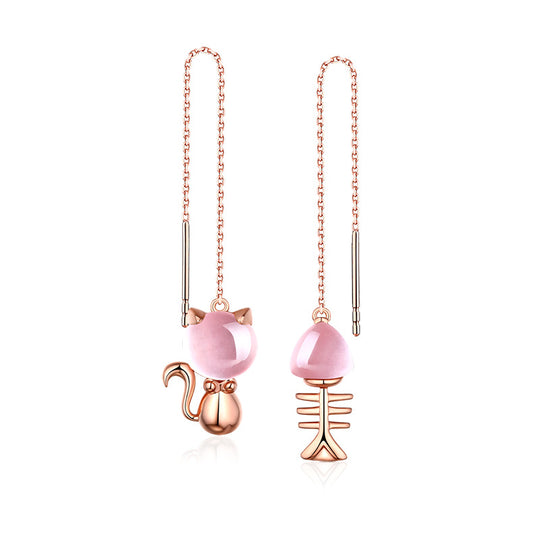 Pink Crystal Kitten and Fishbone Asymmetric Silver Ear Line Earrings