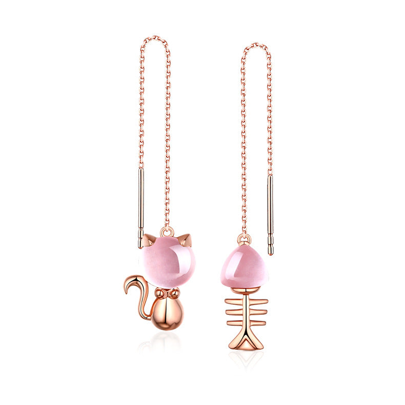 Pink Crystal Kitten and Fishbone Asymmetric Silver Ear Line Earrings