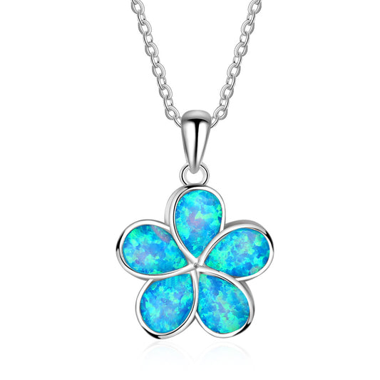 Blue Opal Flower Pendant Sterling Silver Necklace