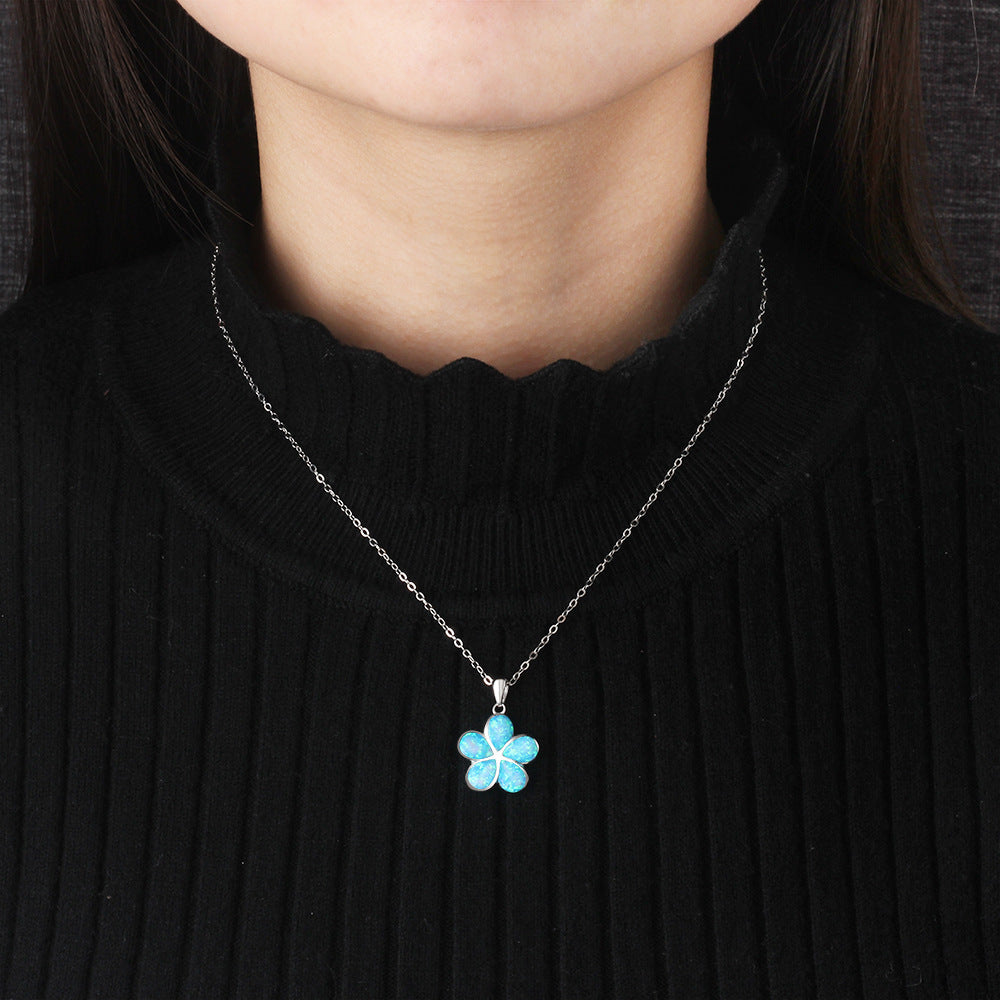 Blue Opal Flower Pendant Sterling Silver Necklace