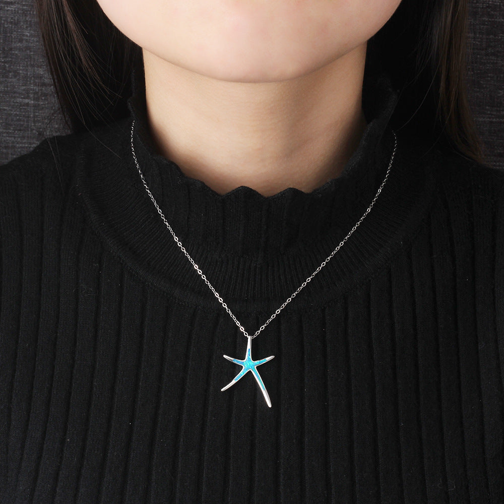 Blue Opal Starfish Pendant Sterling Silver Necklace
