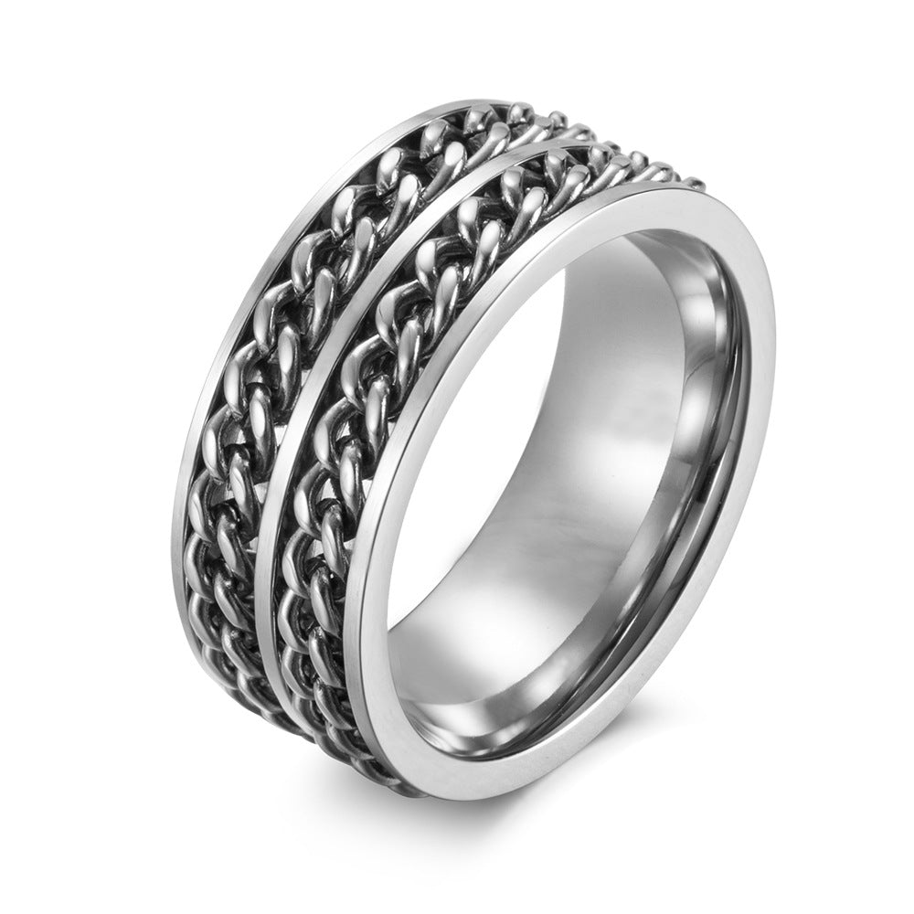 Stainless Steel Double Chain Ring – Rotatable Two-Color Chain Men's