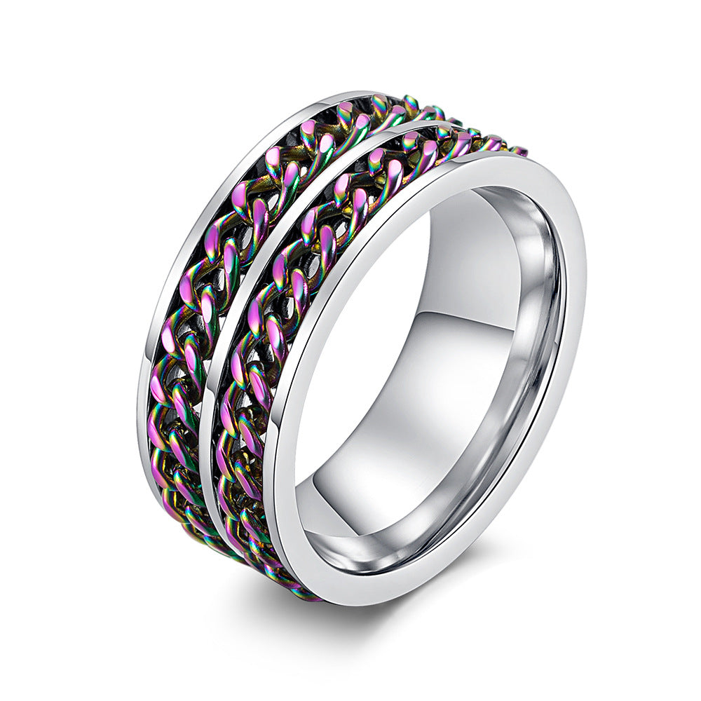 Stainless Steel Double Chain Ring – Rotatable Two-Color Chain Men's