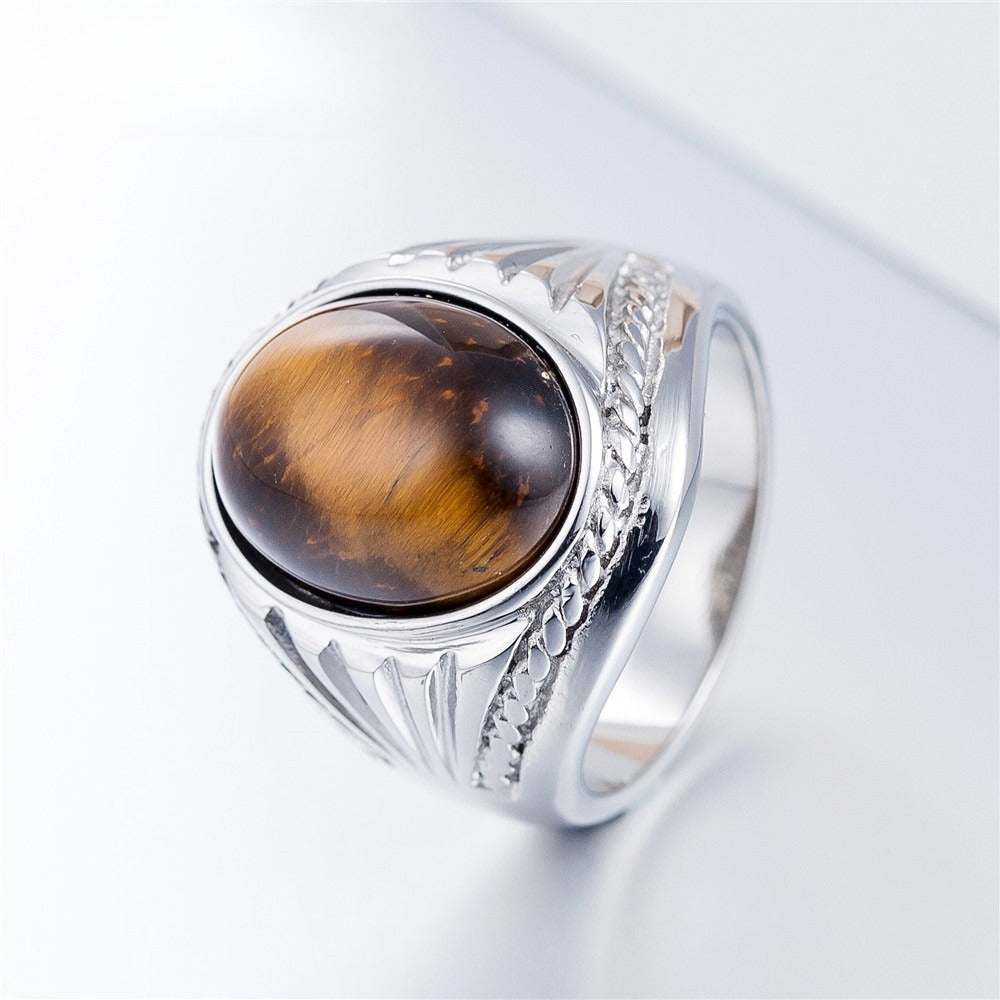 Tigers Eye Oval Ring Titanium Steel For Men And Unisex Minimalist Style Protection Statement Planderful