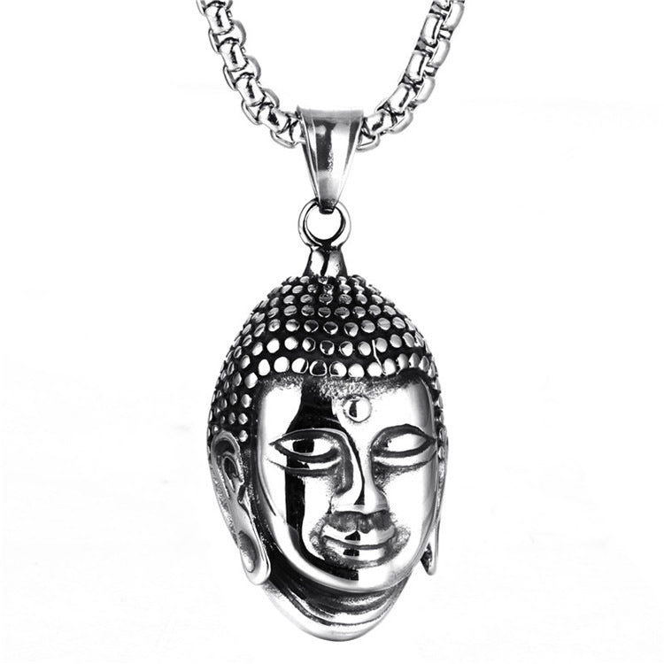 Retro Titanium Steel Buddha Head Necklace for Men - Trendy Exaggerated Religious Pendant