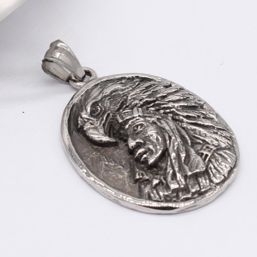 Eagle Amerindian Chief Oval Titanium Steel Pendant for Men
