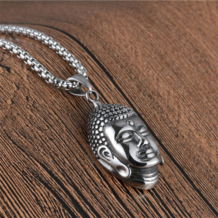 Retro Titanium Steel Buddha Head Necklace for Men - Trendy Exaggerated Religious Pendant