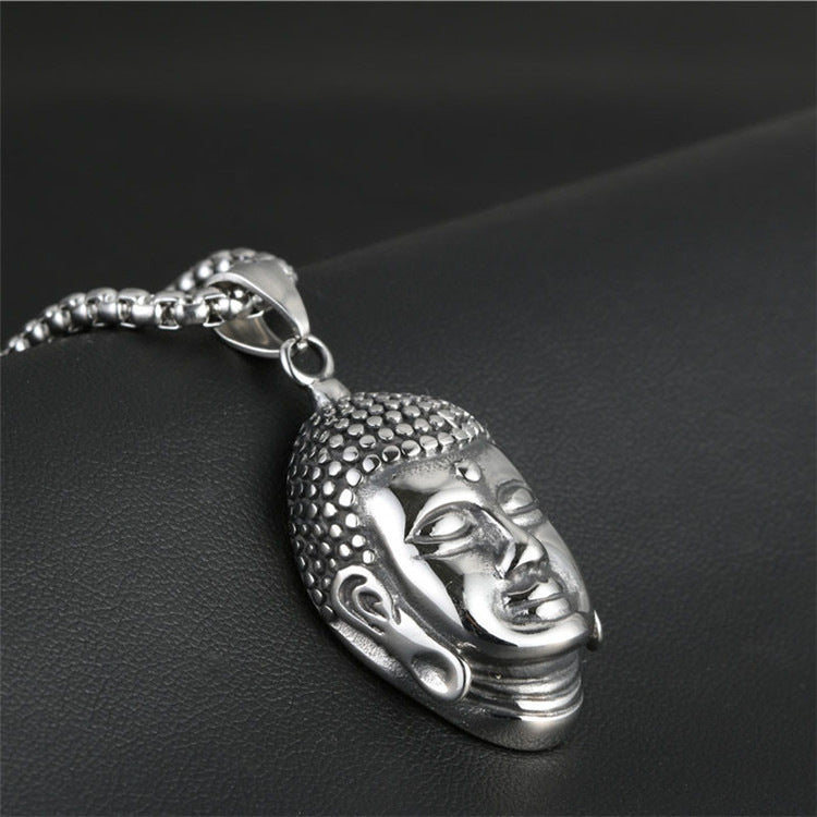 Retro Titanium Steel Buddha Head Necklace for Men - Trendy Exaggerated Religious Pendant