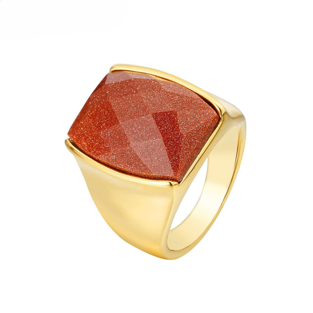 Planderful Gold Plated Ring Titanium Steel With Sand Stone Unisex Protection Statement Jewelry For European American Fans