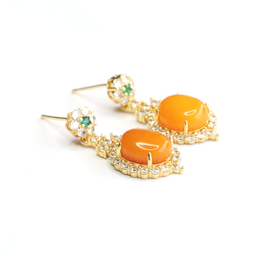 Yellow Beeswax Amber Zircon Halo Stud Earrings