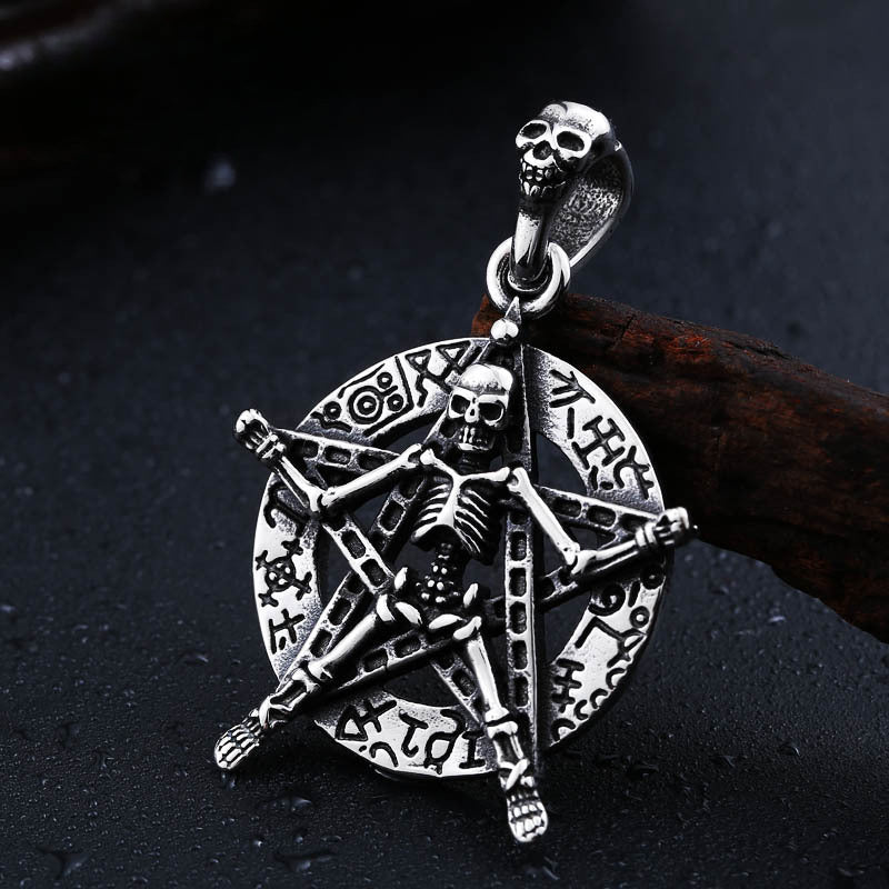 Punk-Inspired Titanium Steel Skull Pendant with Pentagram for Men