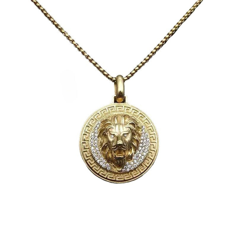 Planderful Everyday Genie Lion Head Pendant Necklace In Steel For Hip Hop Fans Diamond Disc Gold Plated