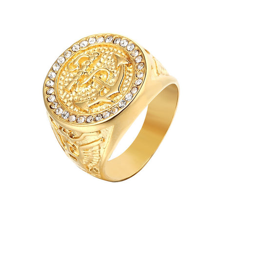 Elegant Double Eagle Boat Anchor Gold Ring with Zircon Inlay